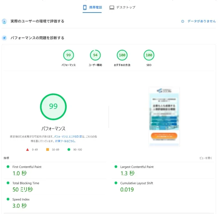 改善後のモバイルパフォーマンススコア(99)